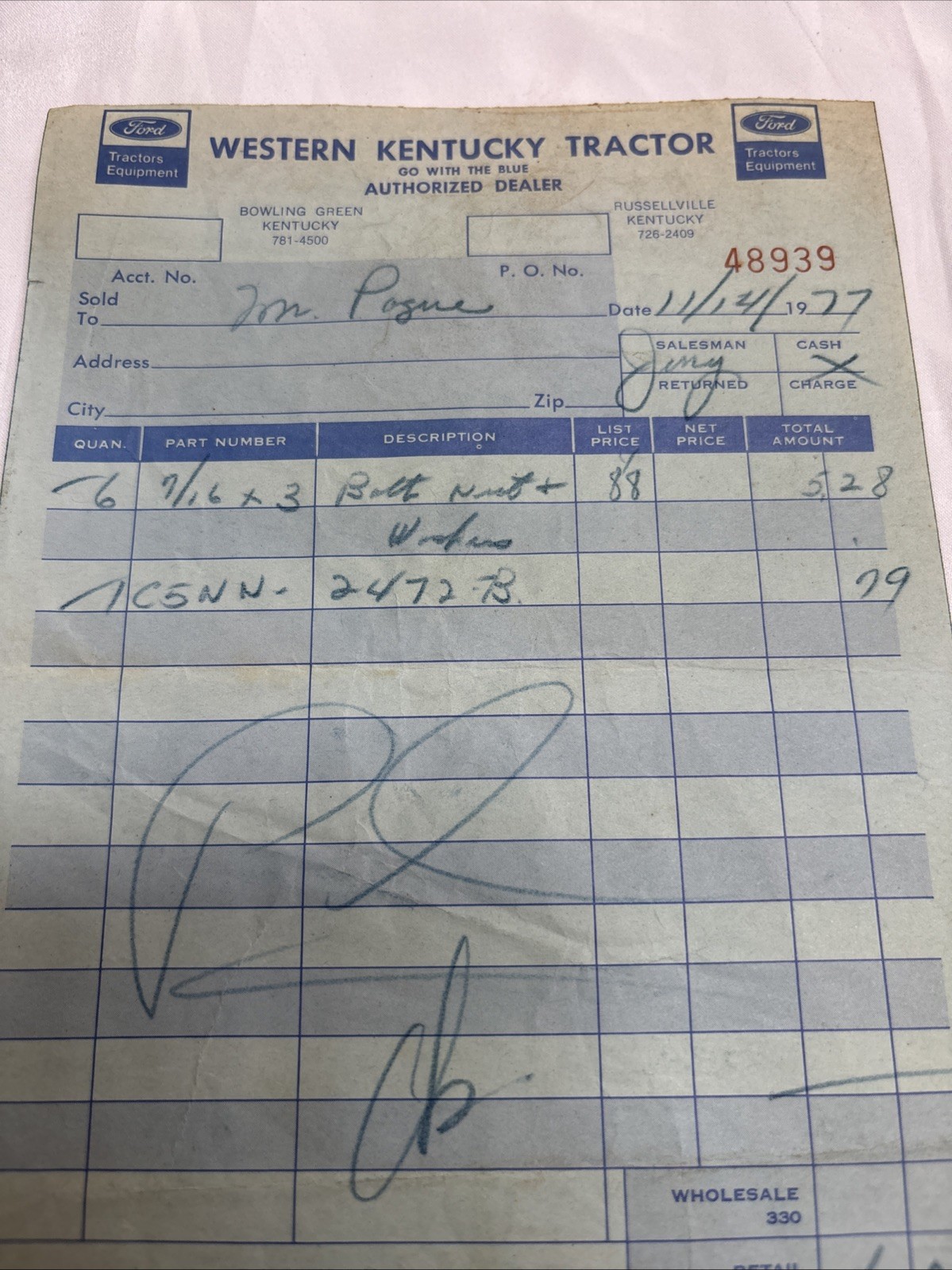 Western Kentucky Ford Tractor receipt 1977 Bowling Green dealership Mr. Payne