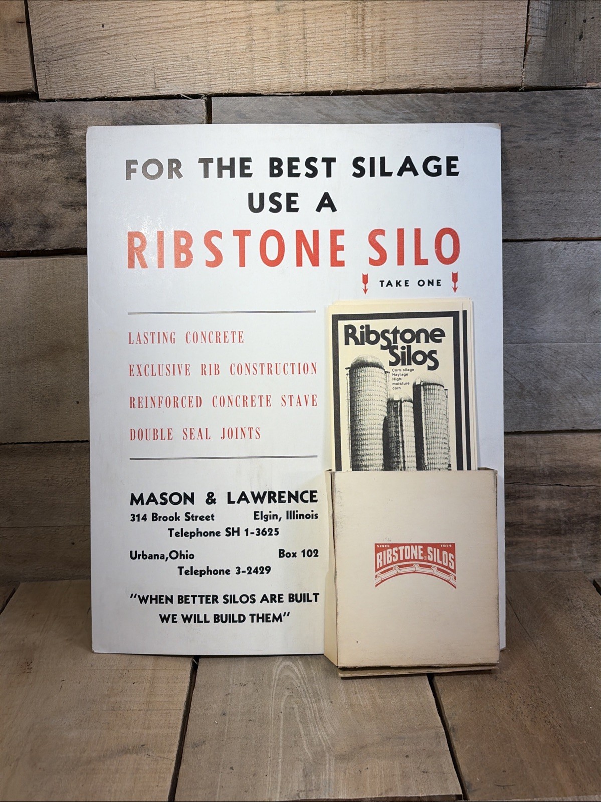 Vintage Brochure Counter Display Sign Ribstone Farm Silo Ph 3-2429 Illinois Ohio