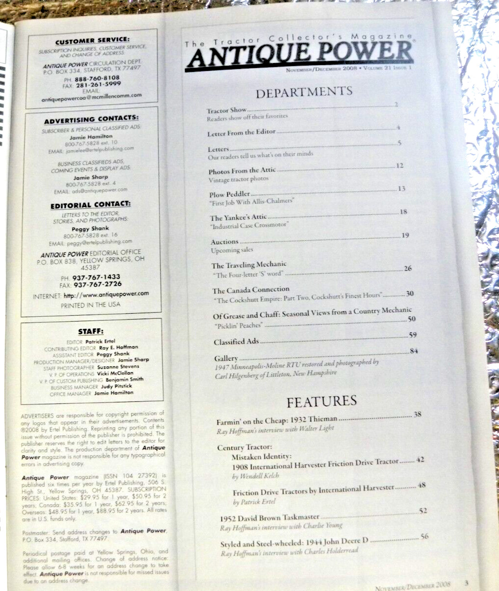 ANTIQUE POWER Magazine November December 2008 1908 IHC Friction Drive Tractor