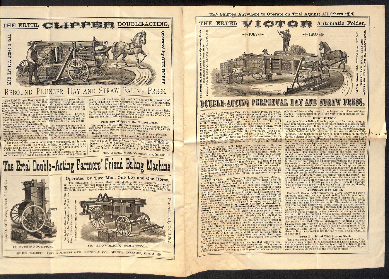 1887 Ertel « Victor » Perpetual Hay and Straw Press Single Sheet Brochure – Scarce