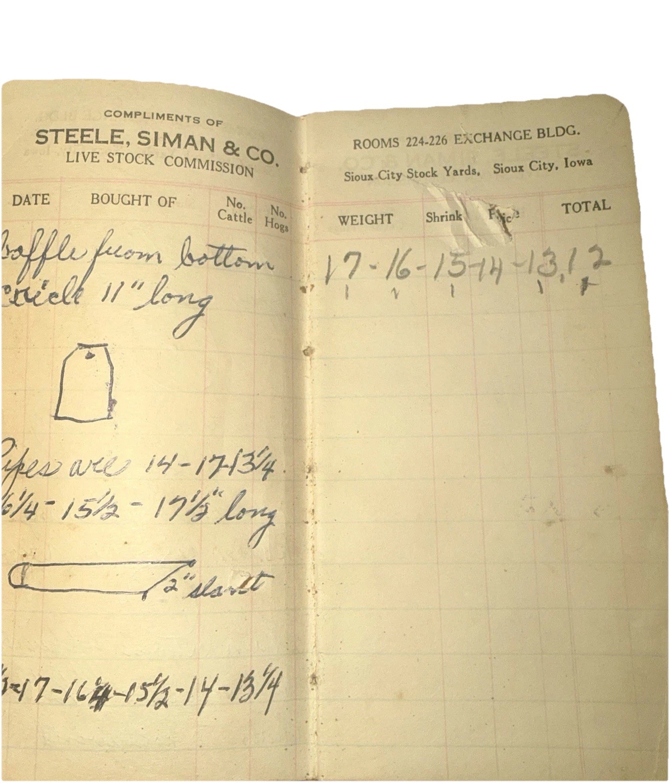 1916 Antique Livestock Ledger Steele Siman Sioux City Stock Yards Cattle Book