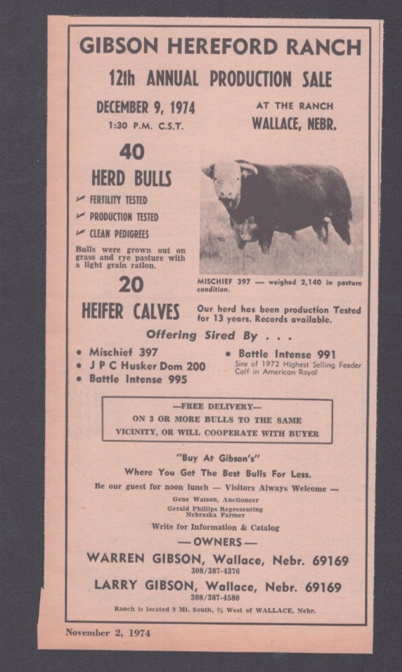 1974 Print Ad Gibson Hereford Ranch Wallace NE 12th Annual Production Sale