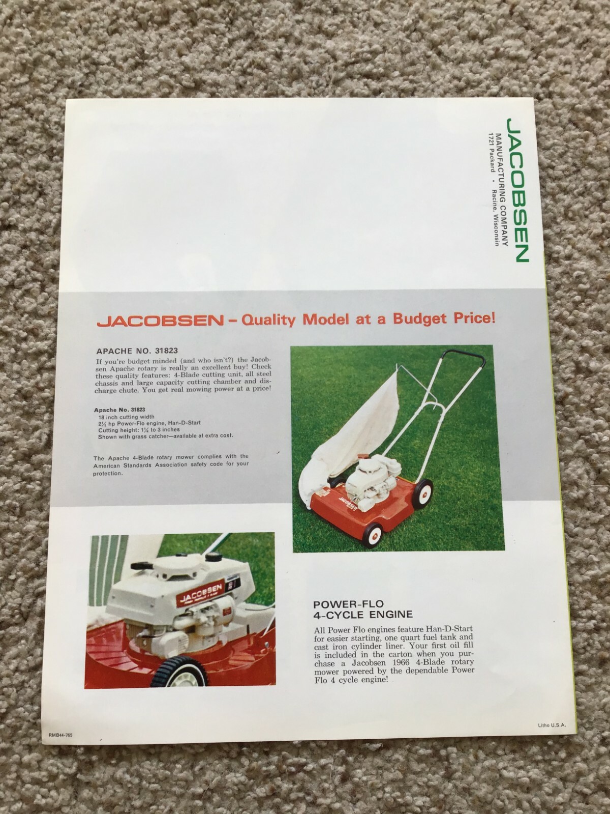 1965 Jacobsen 4-blade rotary mowers, original sales literature.