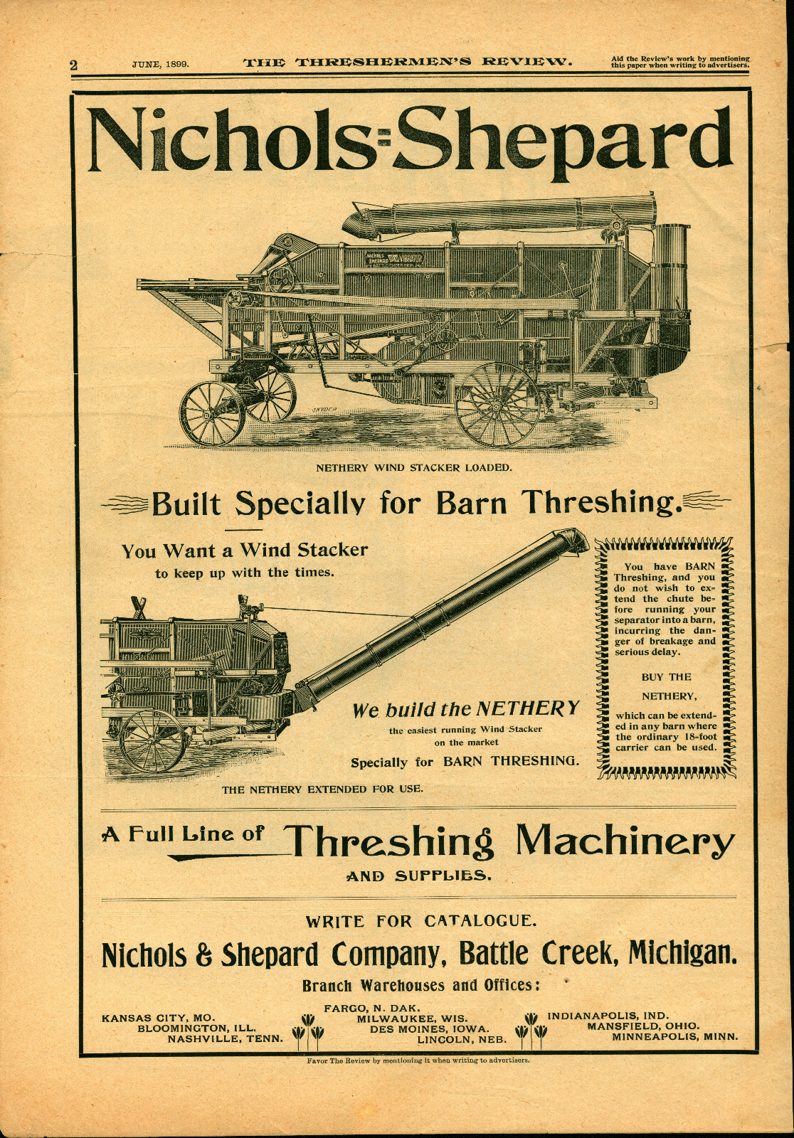 1899 Nichols & Shepard Ad: The Nethery Wind Stacker – Battle Creek, Michigan