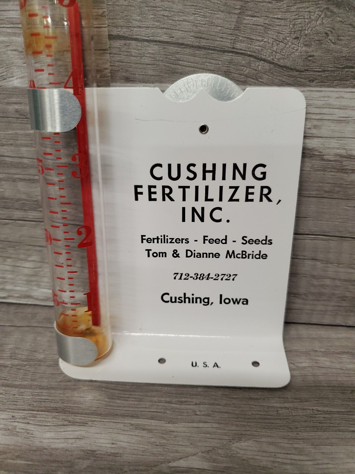Vtg Mayco Rain Gauge CUSHING FERTILIZER INC. Cushing Iowa Tom & Dianne McBride