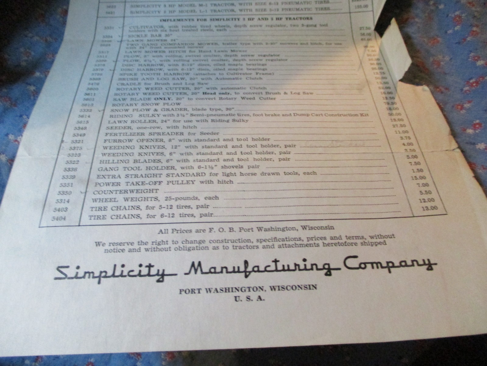 Oct 16 1950 Simplicity Manufacturing Company Price List Port Washington Wisconsi