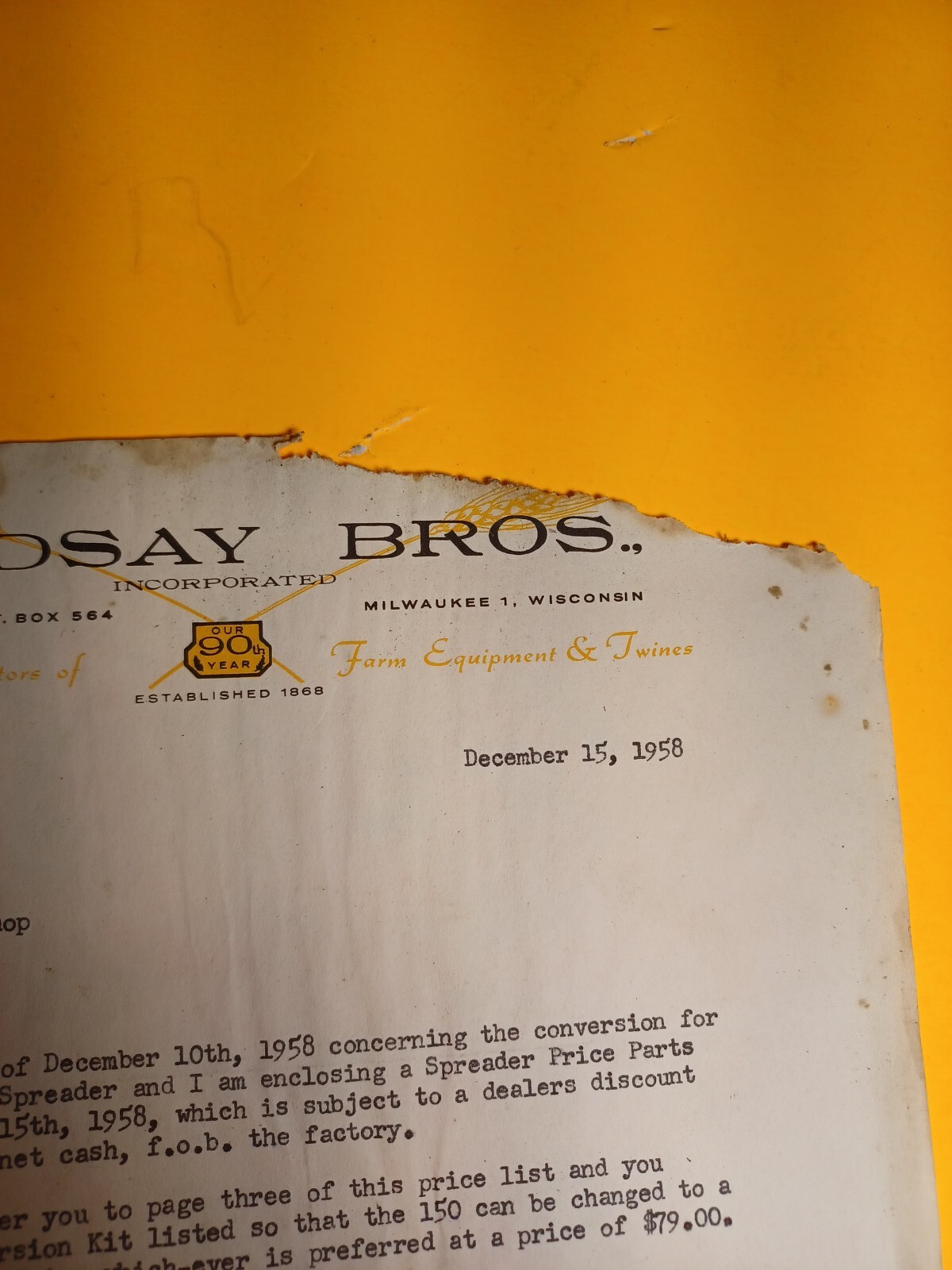 1958 Letter Lindsay Bros Co implement shop original signed