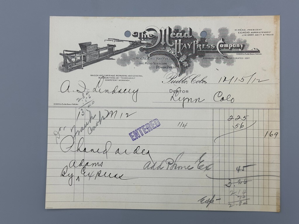 1912 MEAD HAY PRESS Farm Advertising Receipt PUEBLO Colorado
