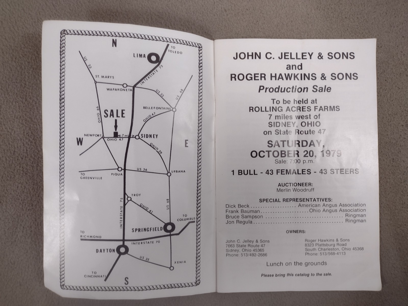 Cattle Auction Book John Jelley & Sons and Roger Hawkins & Sons Sidney Ohio 1979