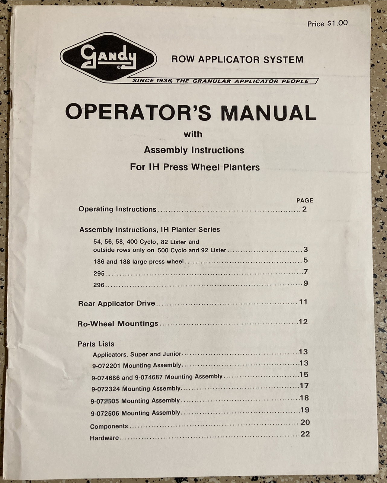 GANDY ROW APPLICATOR SYSTEM PRESS WHEEL PLANTERS TRACTOR OPERATORS MANUAL