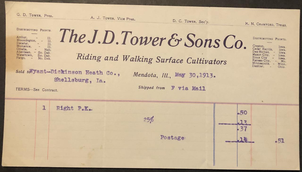 1913 Invoice J. D. Tower & Sons Co. Riding & Walking Cultivators Mendota, Il.