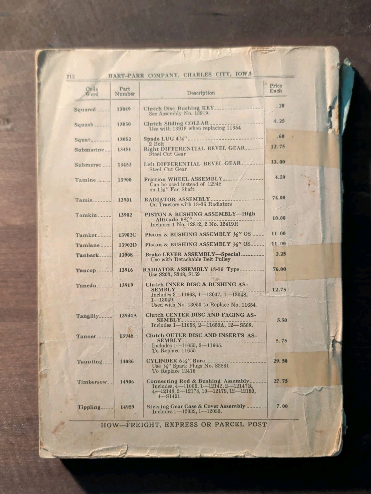 1929 Parts Price List for Hart-Parr « 30 » – « 16-30 » Tractor Serial # 8401 – 26000