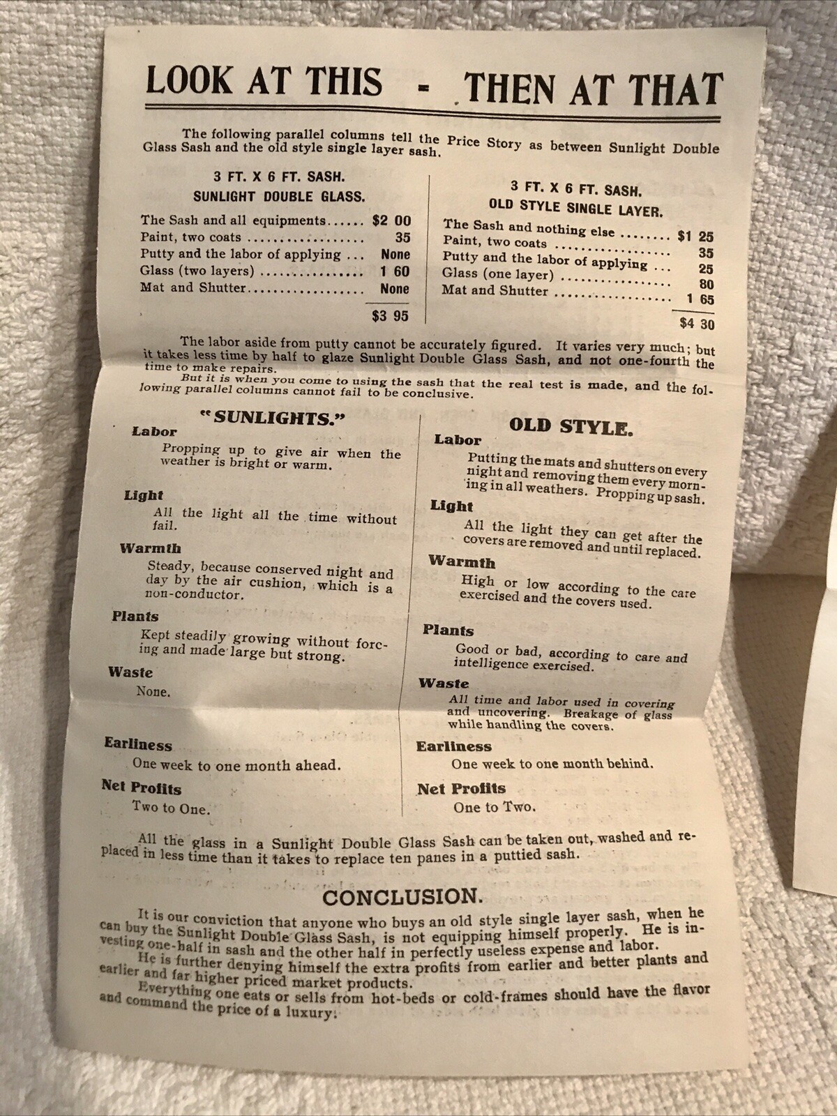 Early 1900&rsquo;s SUNLIGHT GLASS hot beds and cold frames Catalogue w.encl.note