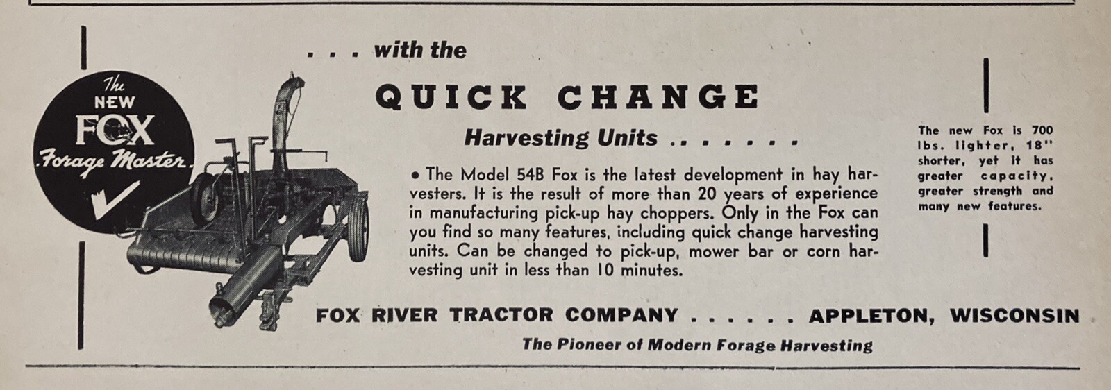 1953 AD.(XH21)~FOX RIVER TRACTOR CO. APPLETON, WIS. FOX FORAGE MASTER 54B