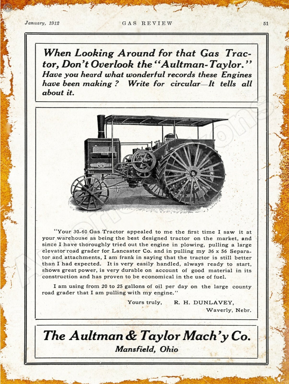 1912 Aultman Taylor 30-60 Gas Tractor New Metal Sign: Mansfield, Ohio