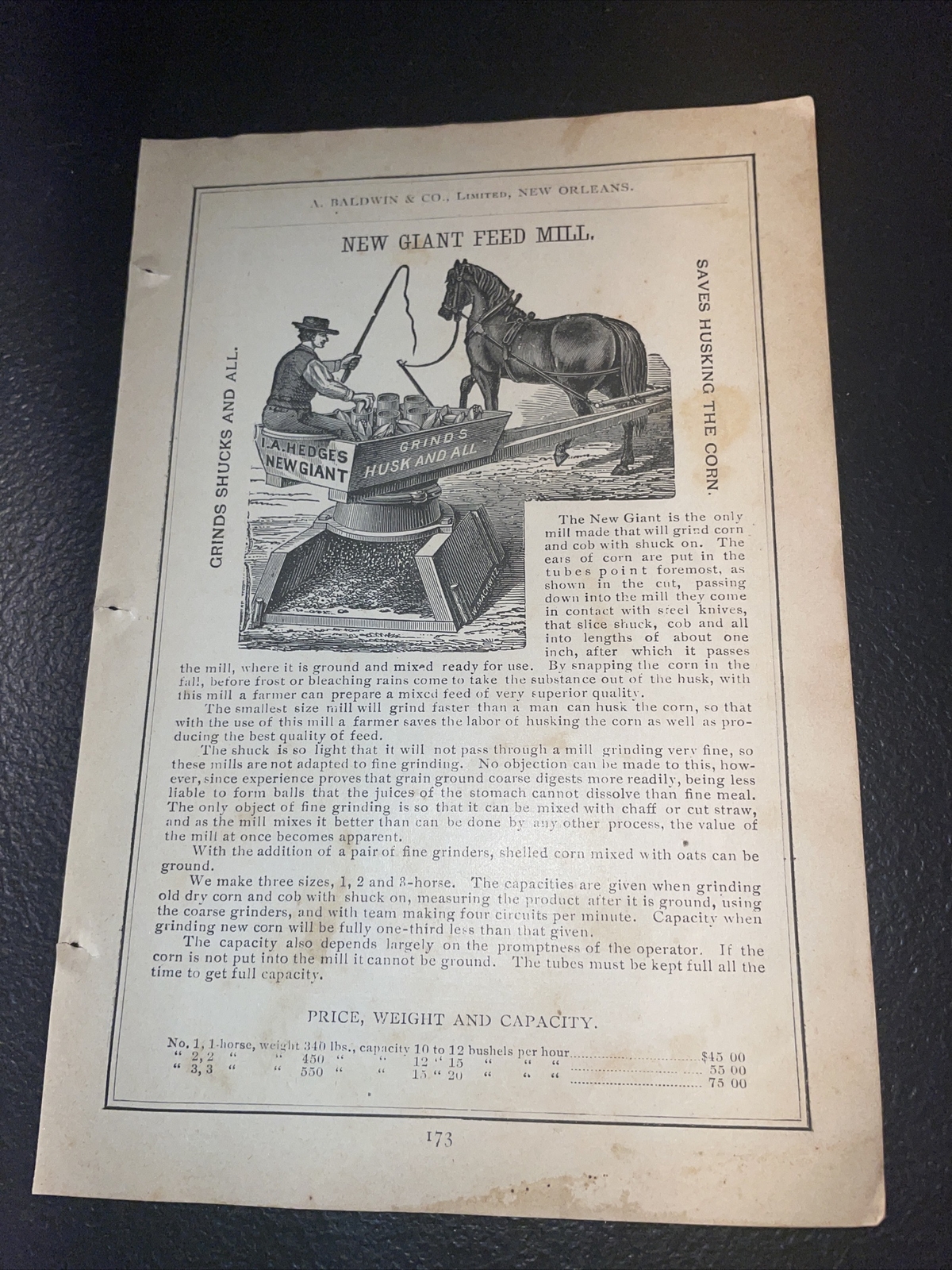 1891 Baldwin – I.A. Hedges Giant Horse Feed Mill – Farm Advertising New Orleans