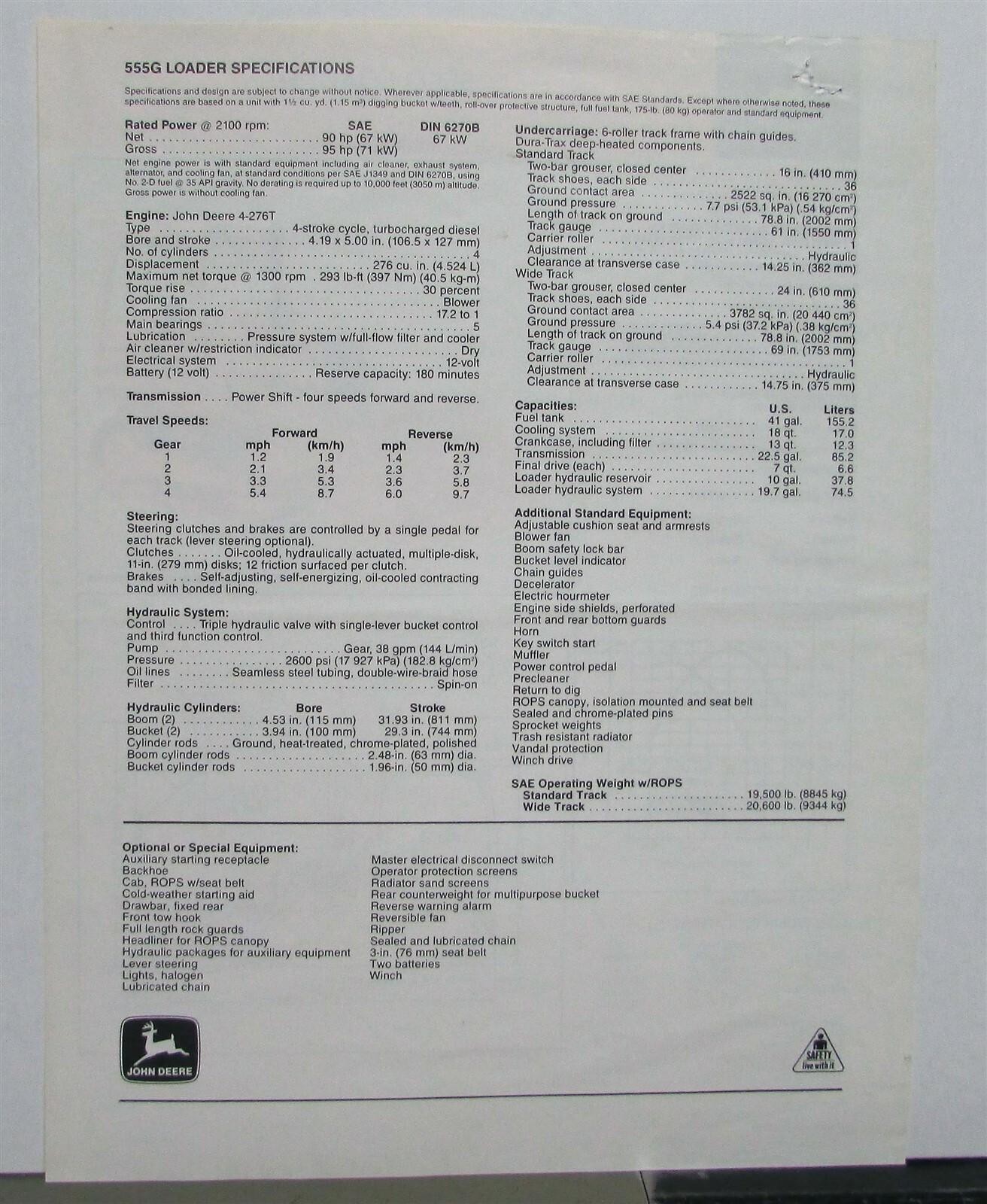 1988 John Deere 555G Loader Specifications Construction Sales Data Sheet