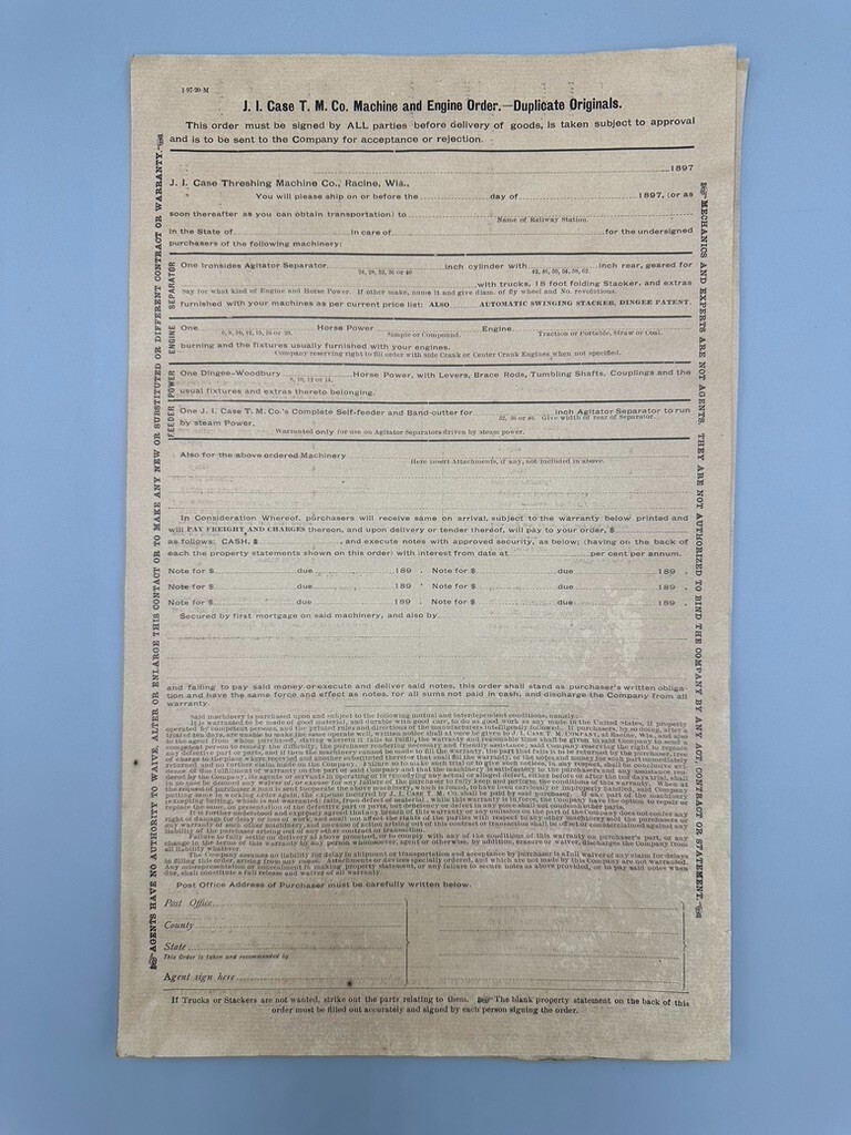 1897 J I CASE THRESHING Co Machine Engine Order Form ANTIQUE FARM ADVERTISING