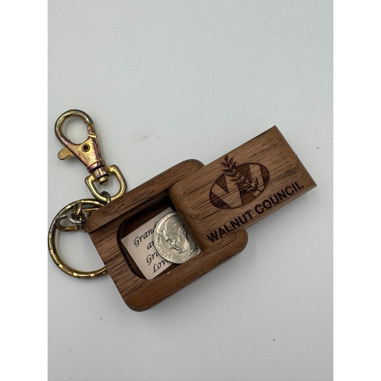 Walnut Council Wooden Sliding Box Keychain Engraved Logo Brown Gold Tone Clasp