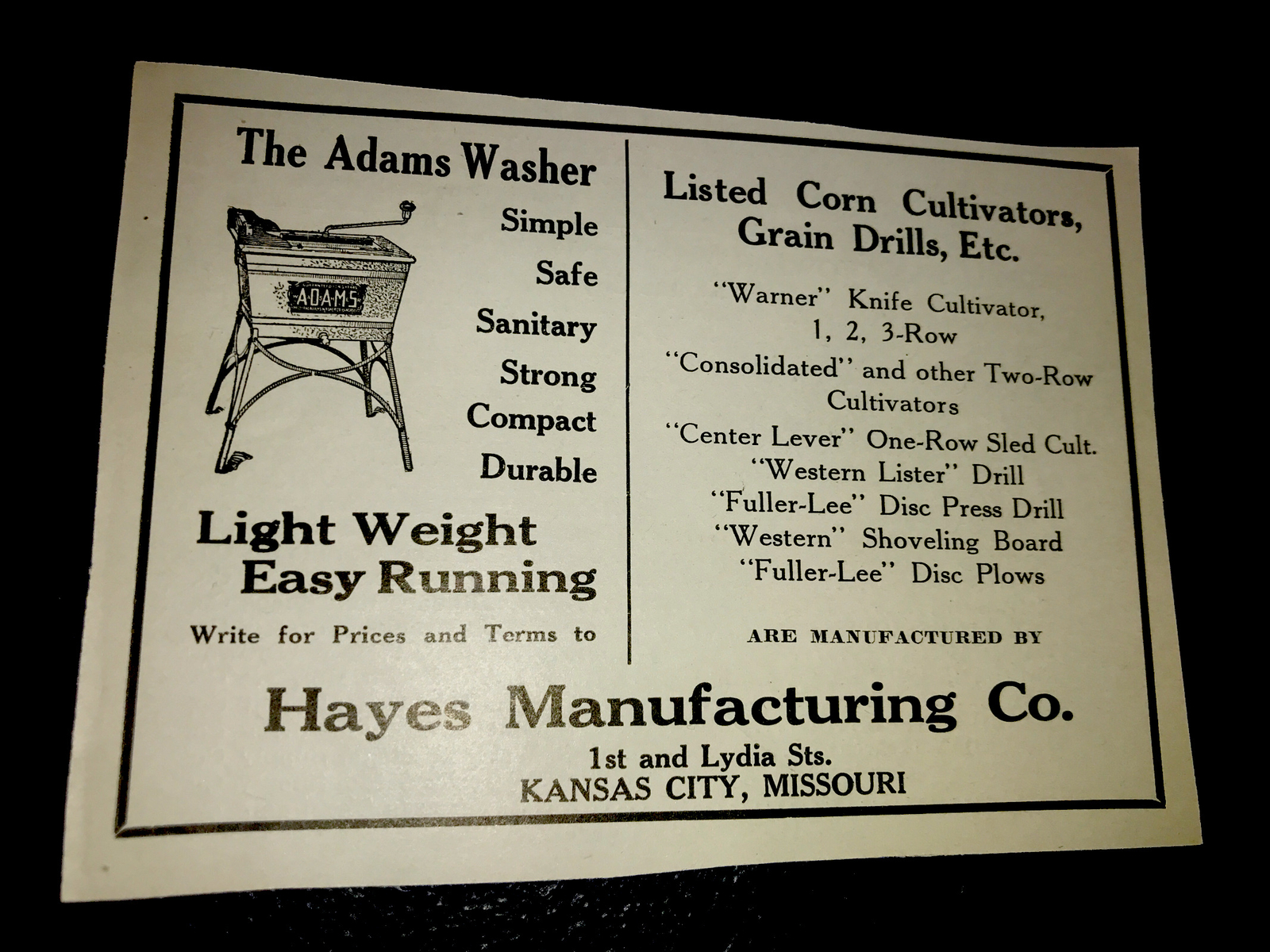 1916 Hayes – Adams Washer & Farm Implement Advertising – Kansas City – Missouri