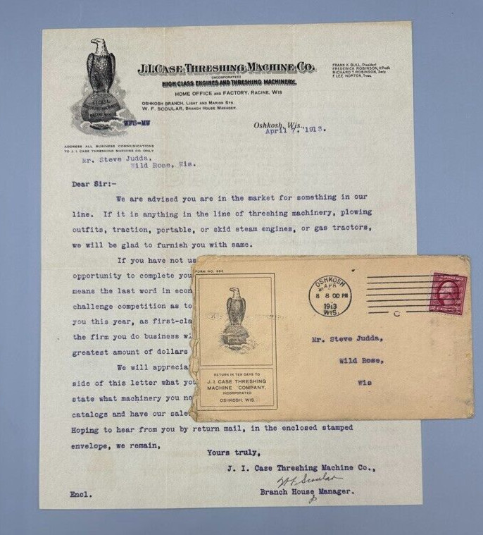 1913 JI CASE THRESHING Machine OSHKOSH WI Postal Cover Letter FARM ADVERTISING