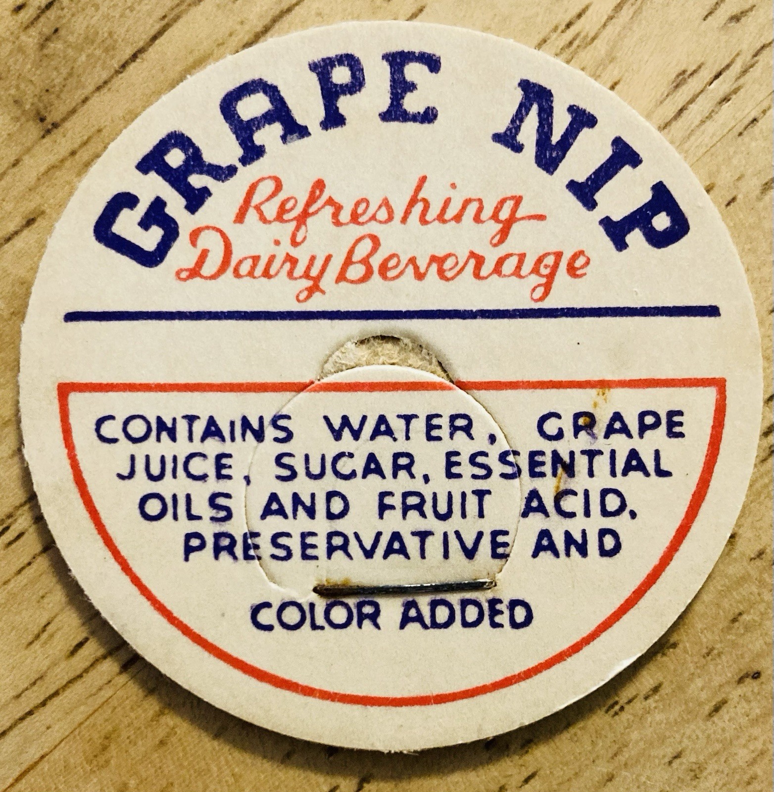 MILK BOTTLE CAP~GRAPE NIP, REFRESHING DAIRY BEVERAGE~