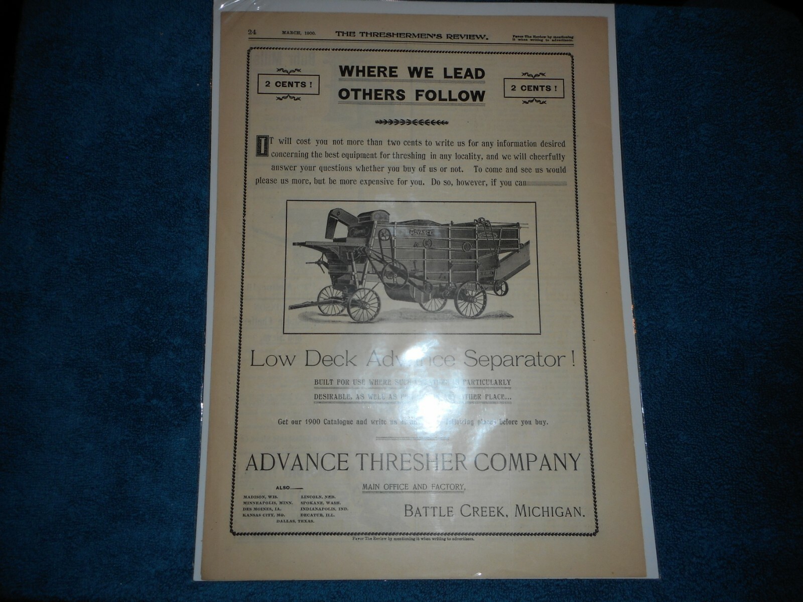 1900 Advance Thresher Co. Advertisement: Low Deck Advance Separator Battle Creek