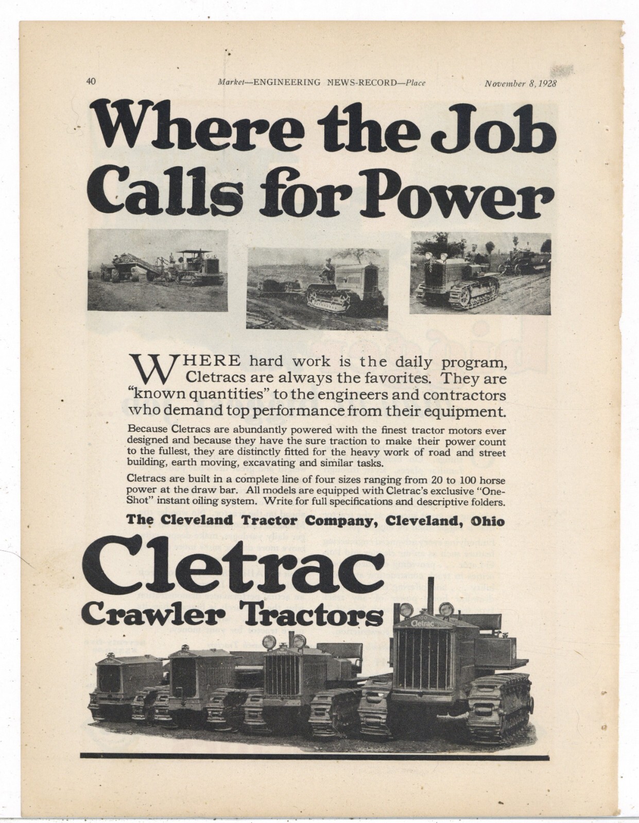 1928 Cleveland Tractor Co. Ad: CLETRAC – Where The Job Calls for Power…