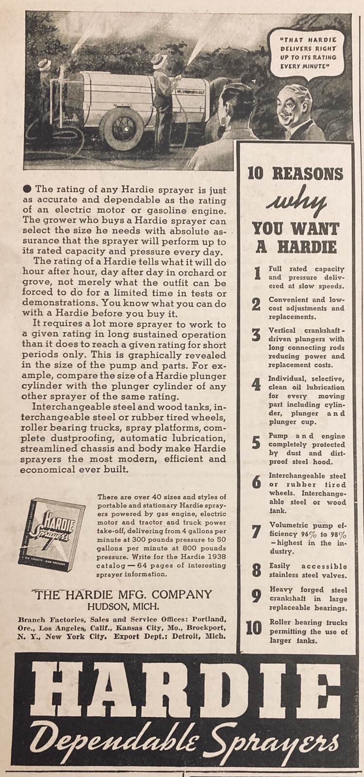 1938 AD.(XG1)~HARDIE MFG. CO. HUDSON, MI. HARDIE ORCHARD SPRAYER