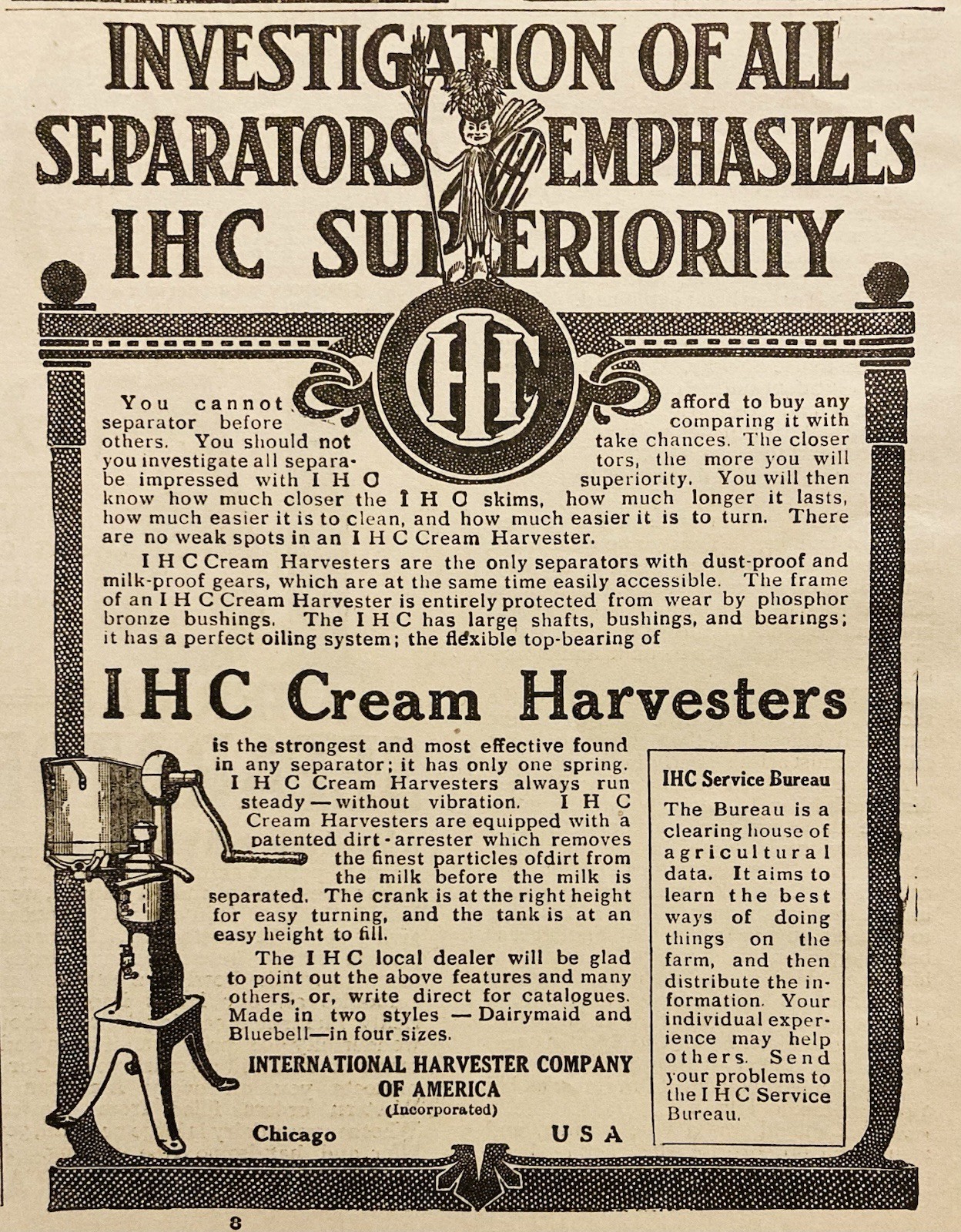 1911 AD.(XH88)~INTERNATIONAL HARVESTER CO. I H C CREAM SEPARATORS HARVESTERS