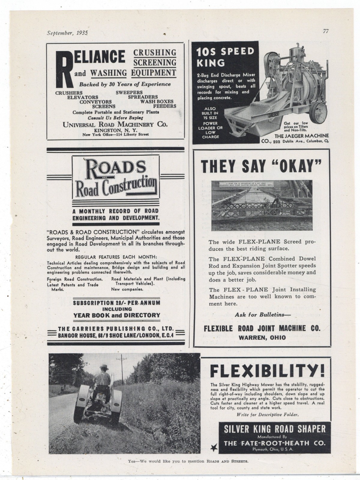 1935 Fate Root Heath Co. Plymouth Ohio Ad: Silver King Tractor w. Highway Mower