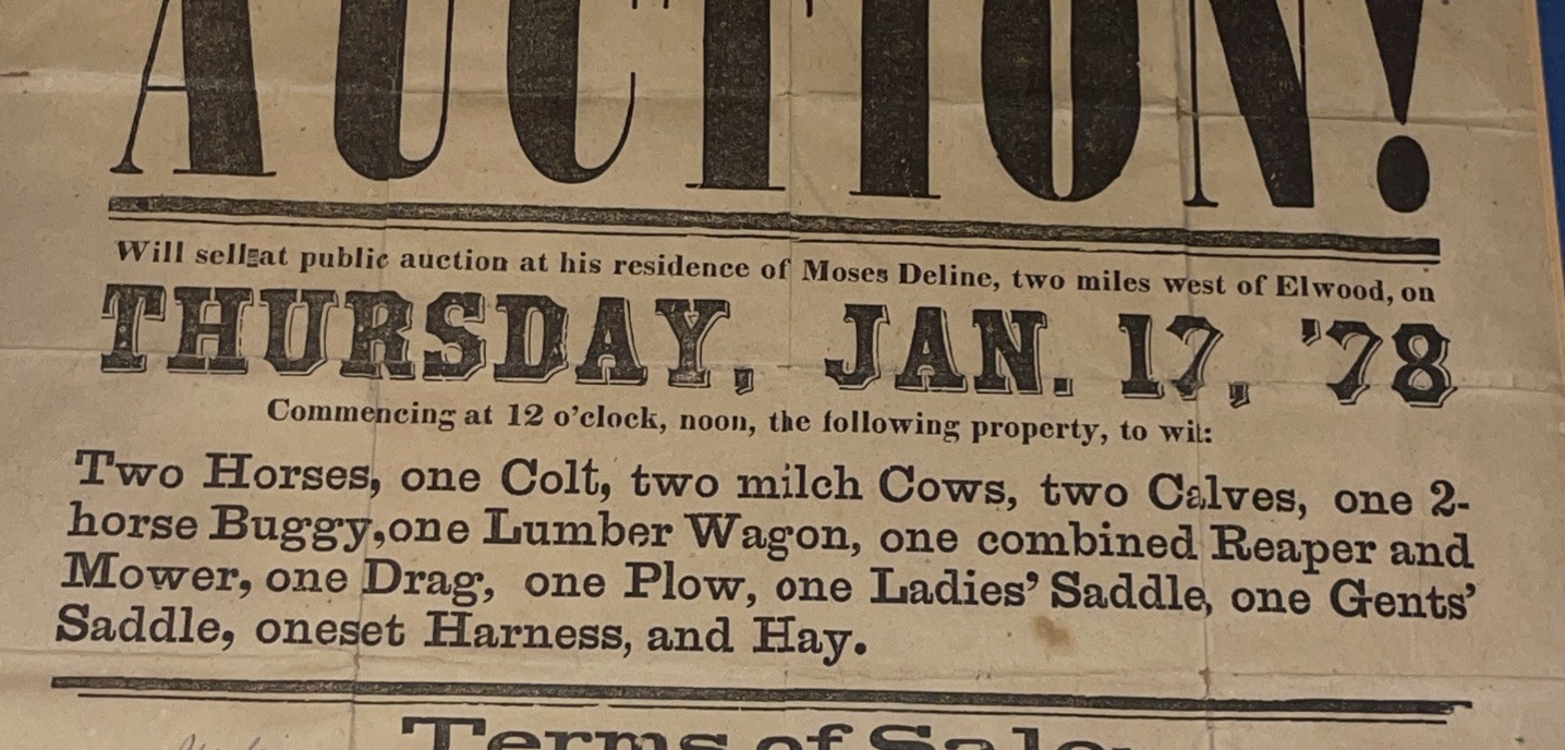Antique Auction Poster Horses, Cattle, Livestock, Farm Implements Elwood iN 1878