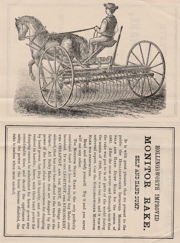 Advert Folder~1881~Hollingsworth Improved Monitor Rake~Higganum,CT Illust~VG