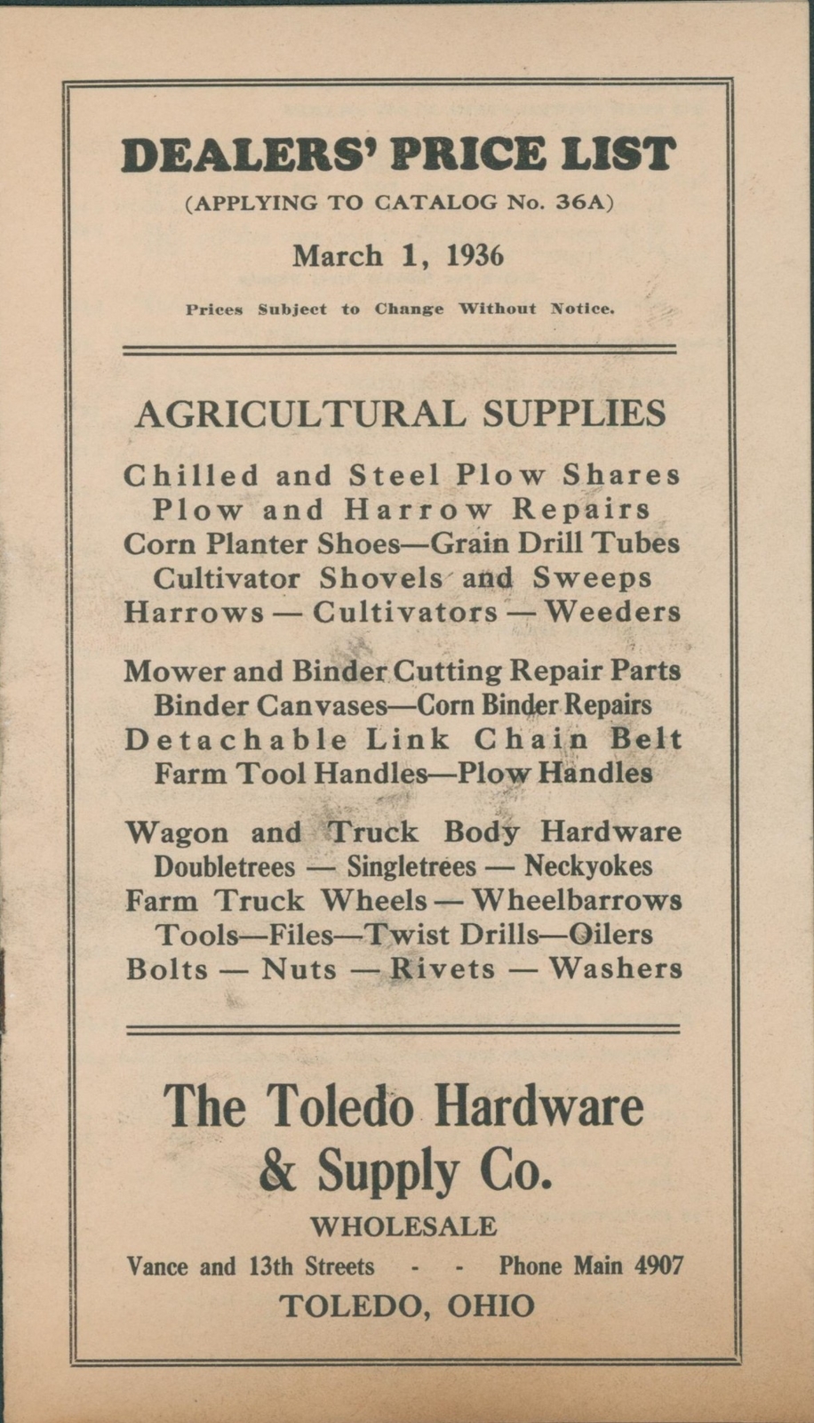 1936 Toledo Hardware & Supply Ohio Dealer Price List Trade Circular Agriculture