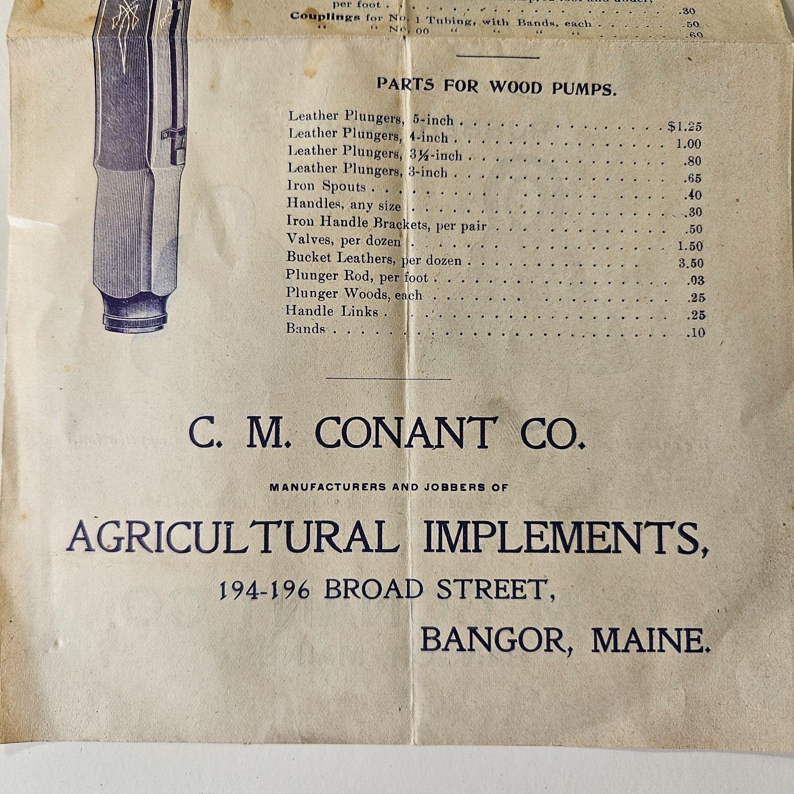Late 1800&rsquo;s Conant Co Bangor Maine Sales Brochure Wood & Bucket Chain Water Pimp