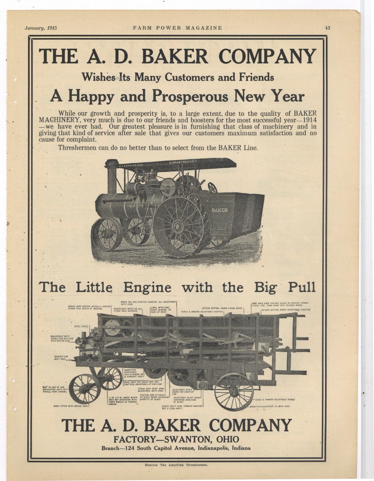 1915 A.D. Baker Co. of Swanton, OhiO Ad: Threshing Machine Side Cutaway Diagram