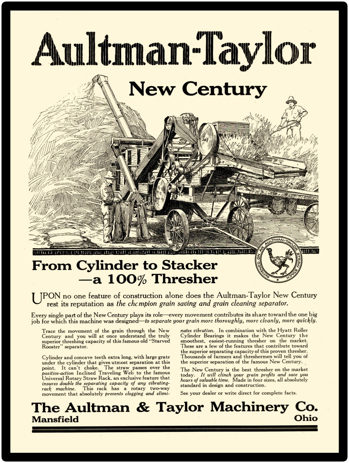 Aultman Taylor Co. New Metal Sign: New Century Thresher Featured. Mansfield, OH