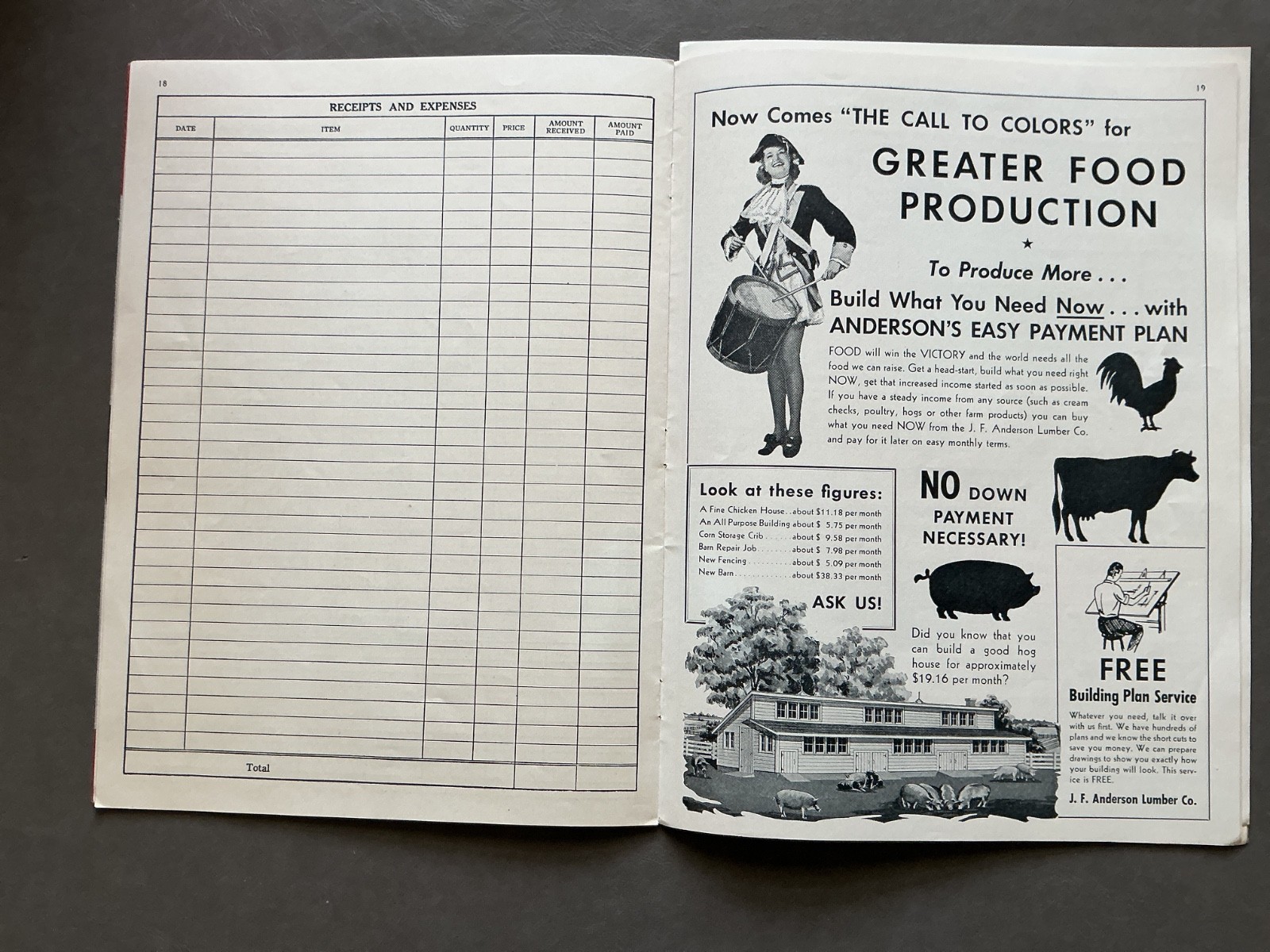 1942 Farm Acct. Record Book – J. F. Anderson Lumber Co. Minnesota, Iowa, Dakotas