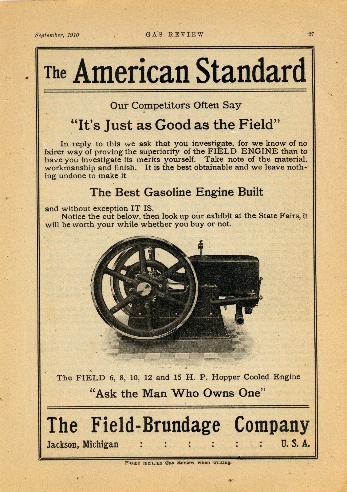 1910 Field Brundage Co. Ad: The American Standard Gasoline Engine – Jackson, MI
