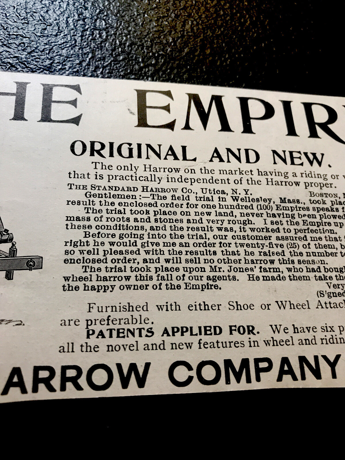 ORIGINAL 1897 Standard Harrow Co Farm Implement Advertising – Utica – New York
