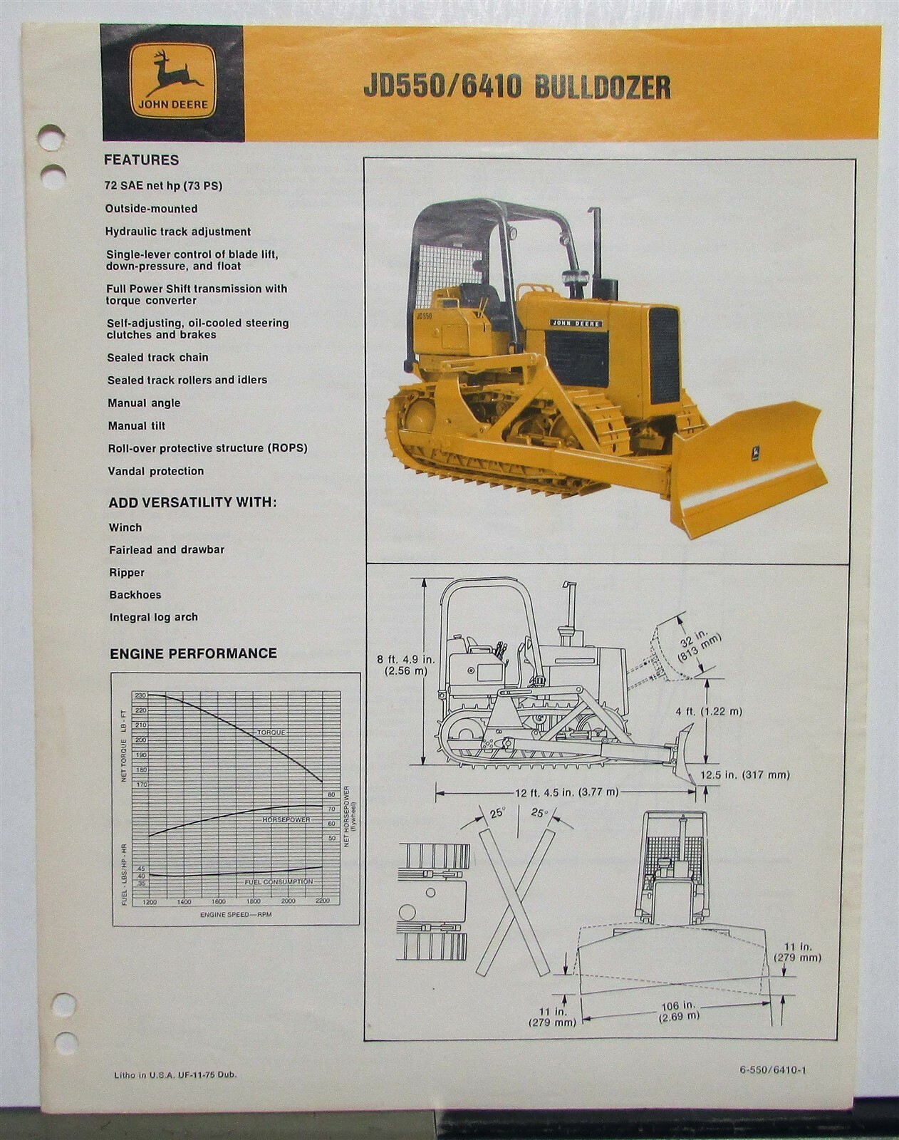 1976 John Deere JD 550/6410 Bulldozer Specifications Construction Sales Brochure