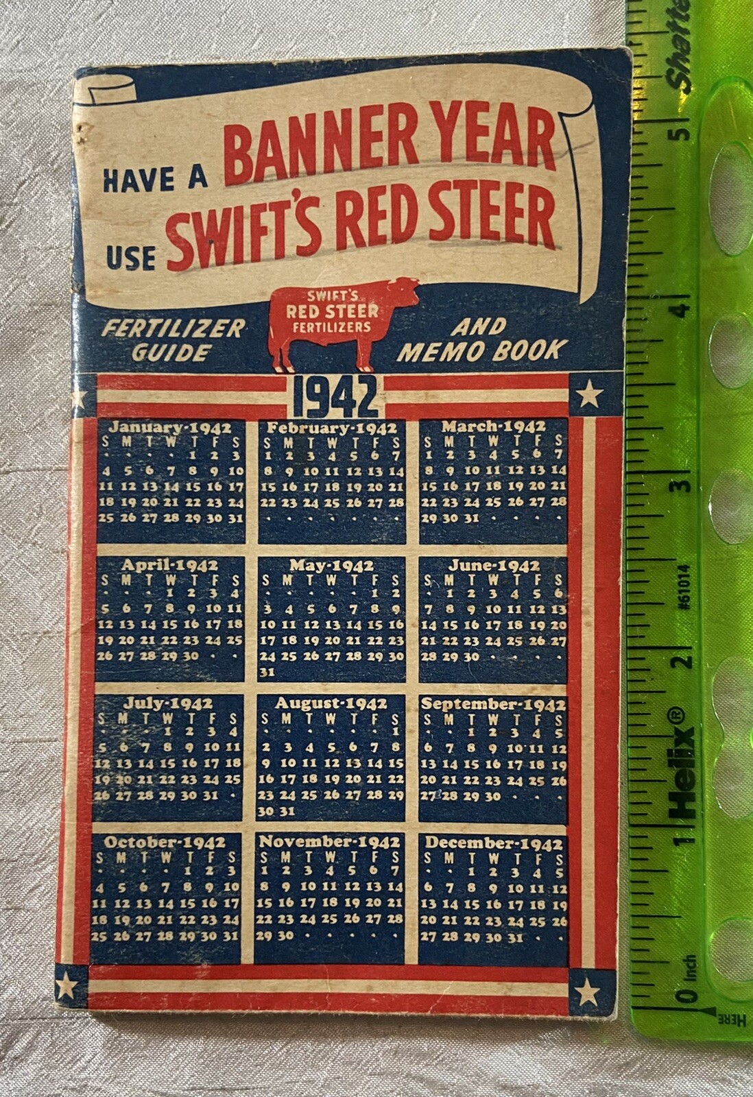 Vintage Swift&rsquo;s Red Steer Fertilizer Pocket Memo Book 1942 Calendar War Time
