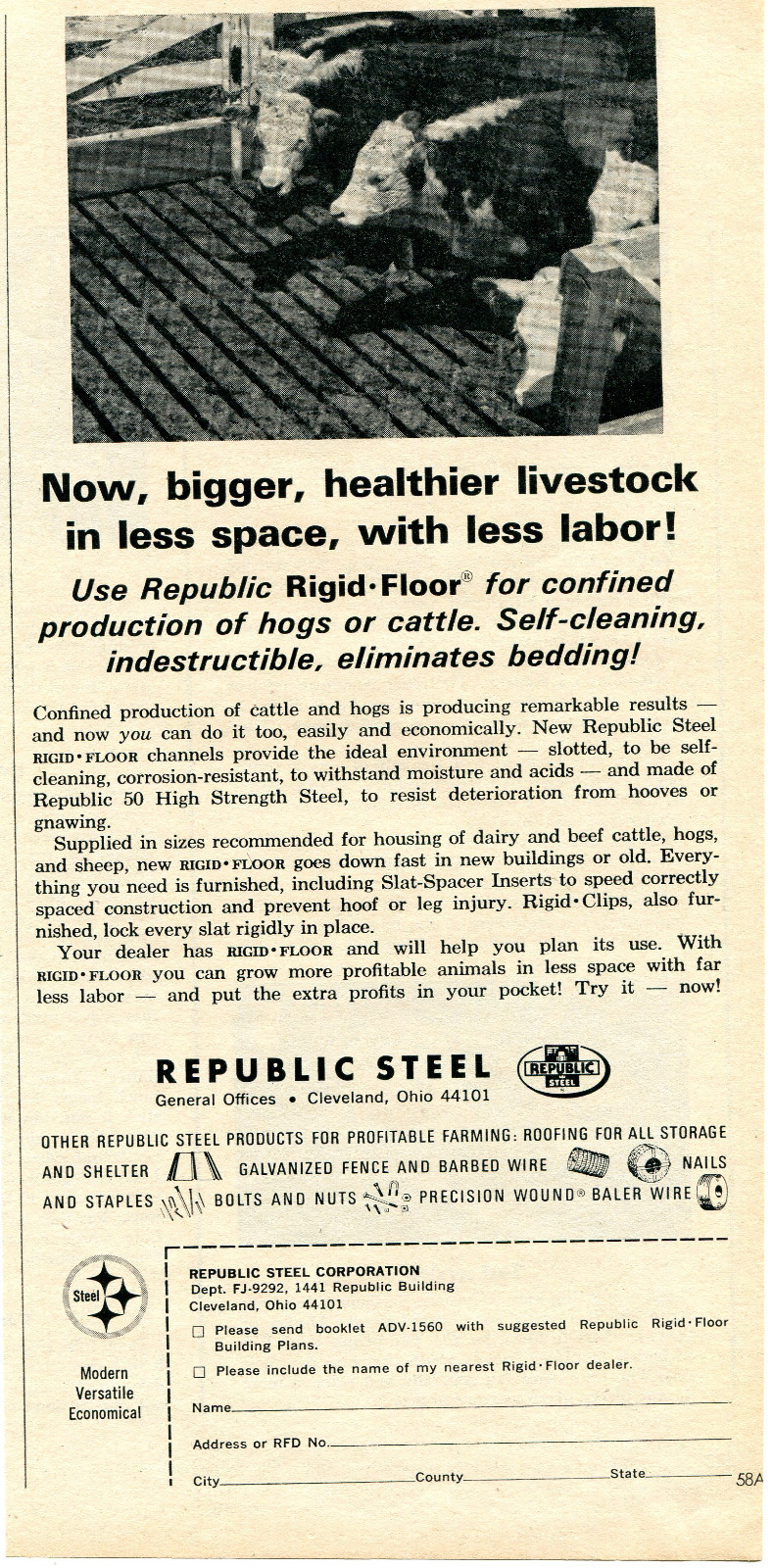 1964 Print Ad of Republic Steel Rigid Floor Cattle