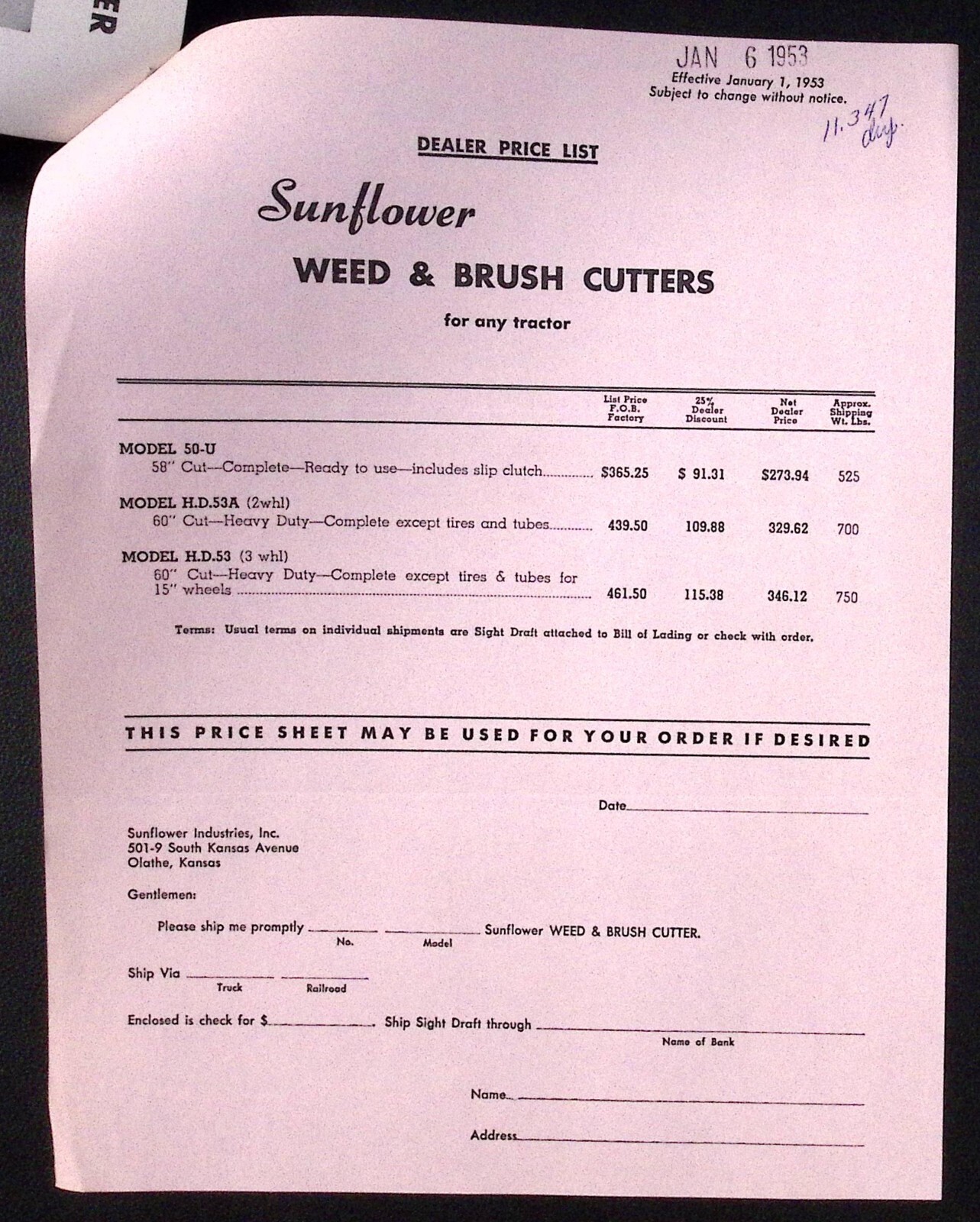 1953 Sunflower Utility Weed & Brush Cutter Model 50U Sunflower Industries Olathe