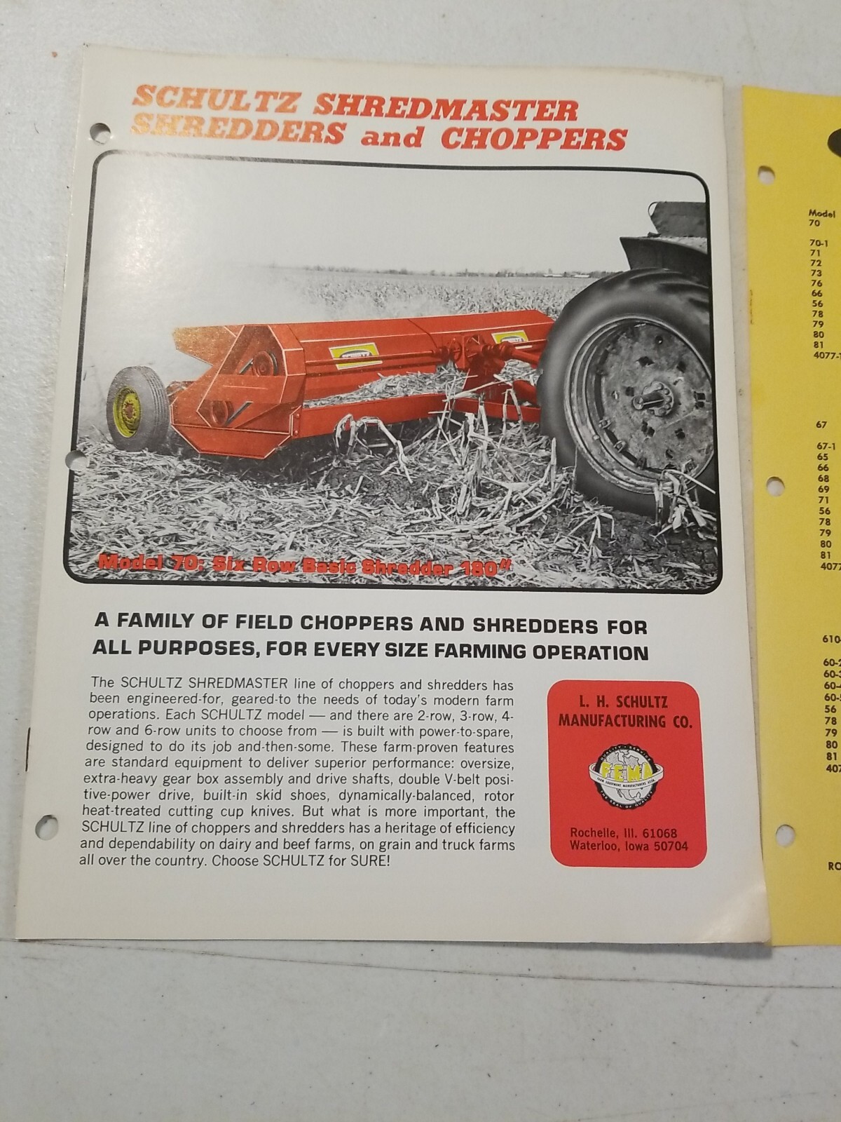 Vintage 1970 L.H. SCHULTZ Mfg Co GENERAL MANURE SHREDDER CHOPPER BROCHURE PRICES