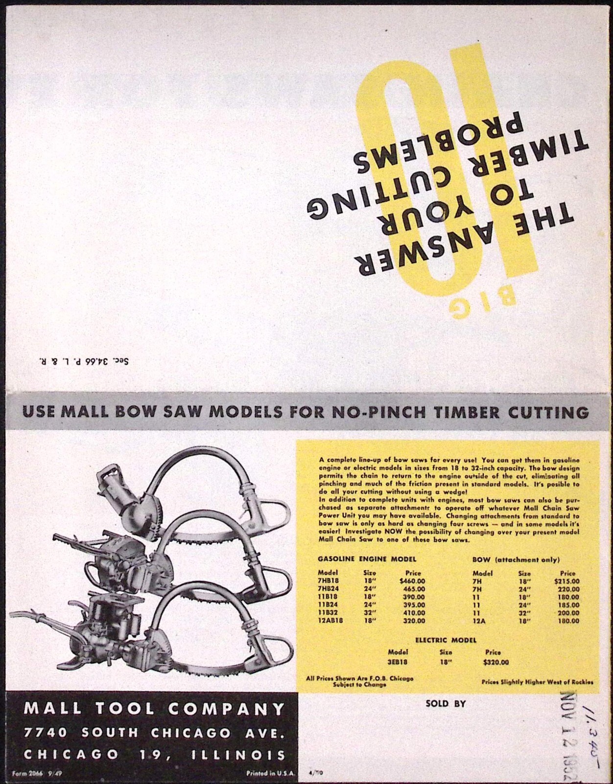 1952 Mall Tool co The Big 10 Chain Saws for Every Cutting Need Dealer Brochure