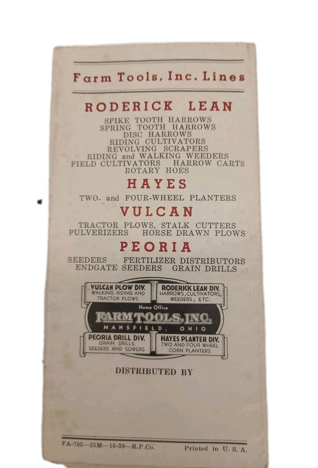 Vtg 1939 Vulcan Zephyr Tractor Plow Fold Out Color Poster Brochure Mansfield Oh