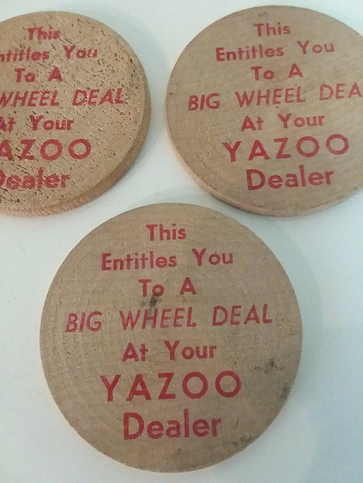 Lot of 3 Yazoo Mower Advertising Indian Wooden Nickel Big Wheel Deal Token Coins