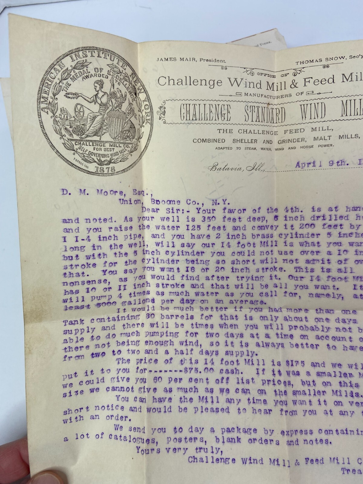 HUGE ARCHIVE Advertising Ephemera Letters – Challenge Wind Mill 1883- Batavia IL