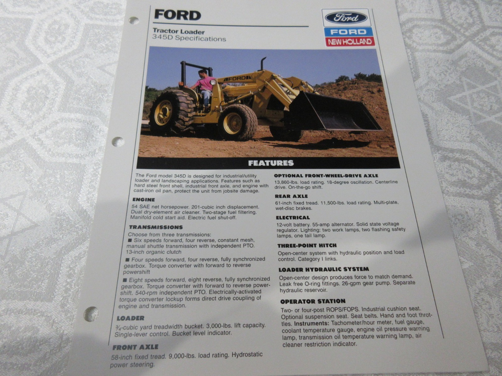 Ford New Holland 345D Tractor Loader Sales Brochure 4 Page